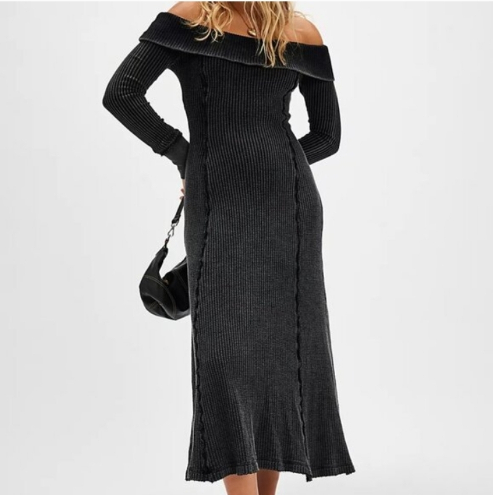 NWT Free People Monty Waffle Knit Thermal Midi Dress in Washed Black Size XS